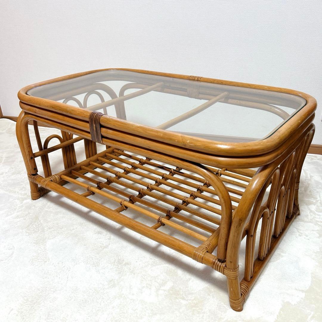 美品 ヴィンテージ ラタンテーブル 籐 コーヒーテーブル センターテーブル 棚付