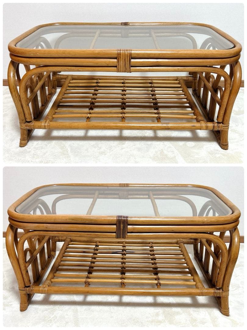 美品 ヴィンテージ ラタンテーブル 籐 コーヒーテーブル センターテーブル 棚付