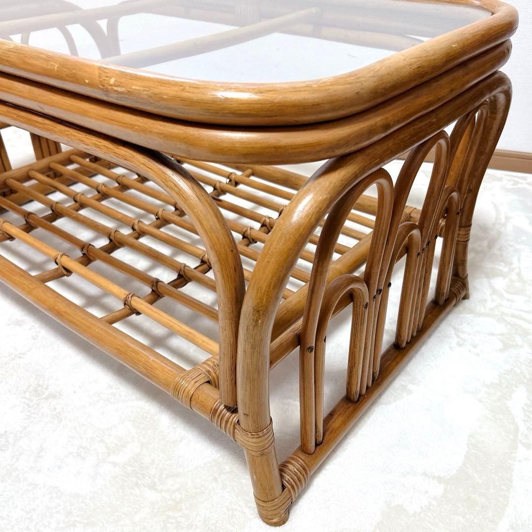 美品 ヴィンテージ ラタンテーブル 籐 コーヒーテーブル センターテーブル 棚付