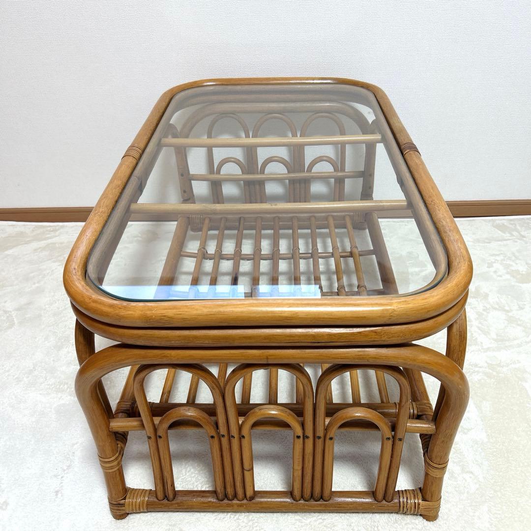 美品 ヴィンテージ ラタンテーブル 籐 コーヒーテーブル センターテーブル 棚付