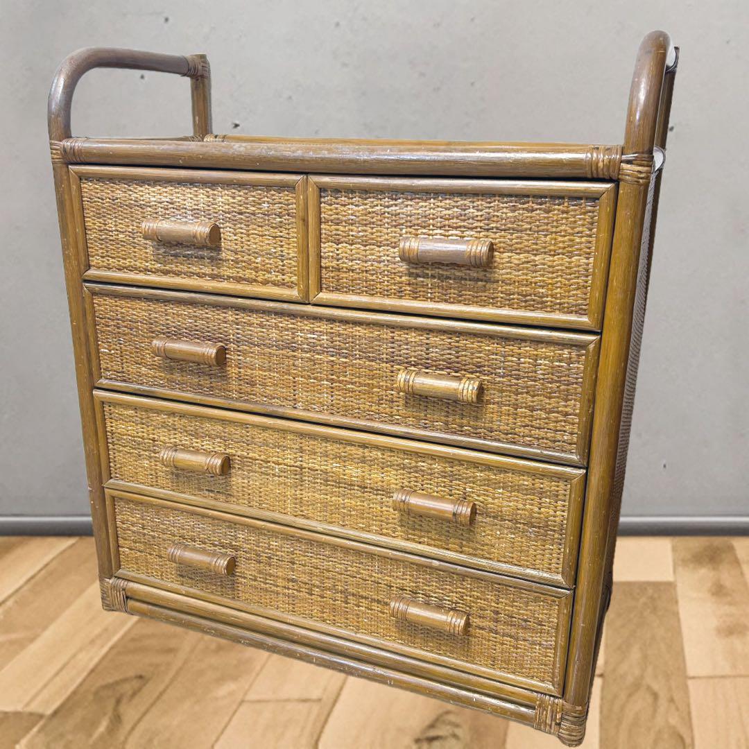 昭和レトロ ラタン サイドボード 電話台 古家具 4段引き出し箪笥