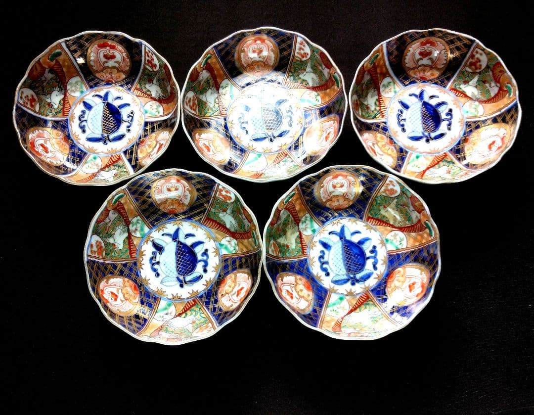 明治～大正 古伊万里 絢爛豪華 金襴手 二重角冨紋 膾皿 5客揃 角富 なます皿