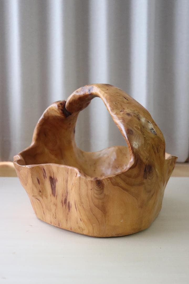 天然木　無垢材　くり抜き　手籠　花かご　果物かご