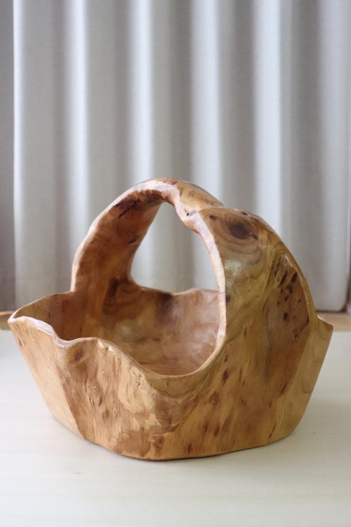 天然木　無垢材　くり抜き　手籠　花かご　果物かご
