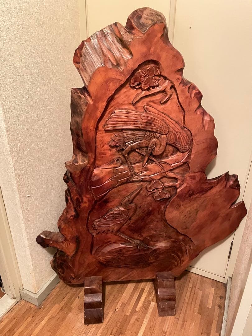 欅？　衝立木製彫刻パーテーション 鶴デザイン