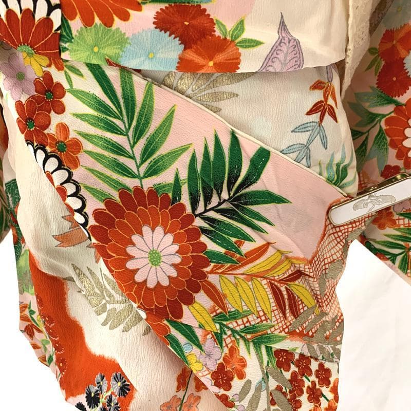 404ag45□七五三 三歳 女児 アンティーク 着物のみ 花 草花文□状態良好