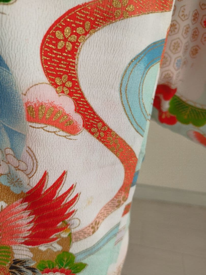 アンティーク白、ブルーの着物と作り帯セット