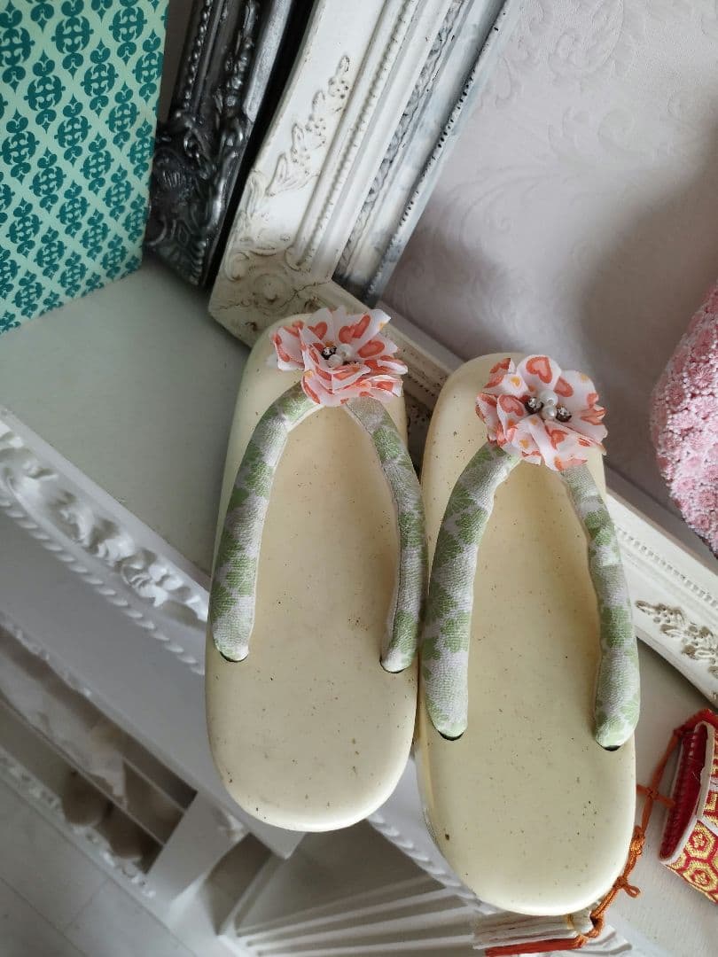 アンティーク白、ブルーの着物と作り帯セット