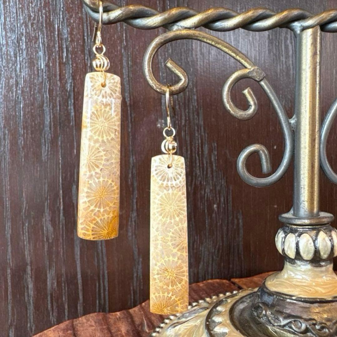 《のほほん様》フォッシルコーラルレクタングル&アイアゲート＊ピアスorイヤリング