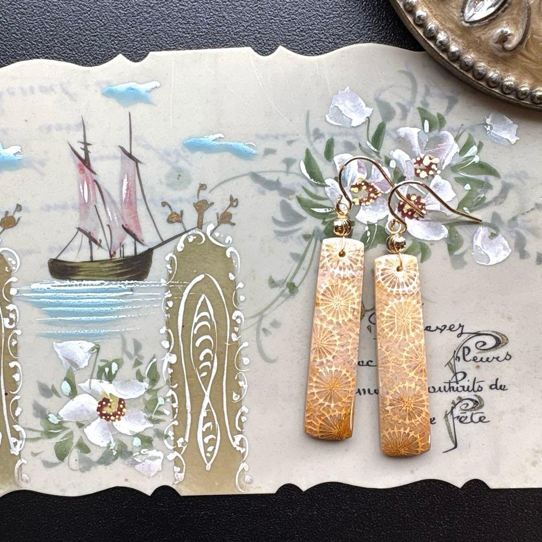 《のほほん様》フォッシルコーラルレクタングル&アイアゲート＊ピアスorイヤリング