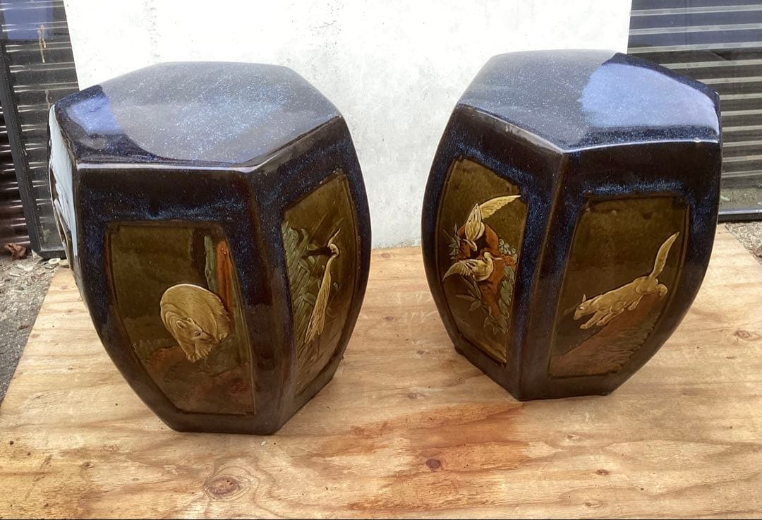 陶器/スツール/ガーデンチェア/椅子/花台/飾台/2点セット