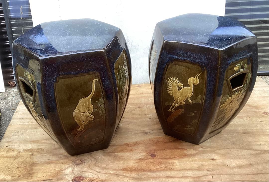 陶器/スツール/ガーデンチェア/椅子/花台/飾台/2点セット