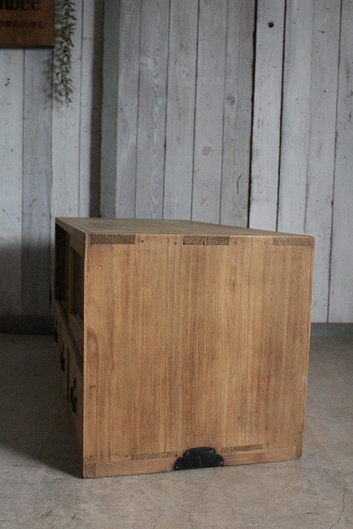 古いガラス戸棚×木製小引き出し3杯　ローチェスト　食器棚　古家具