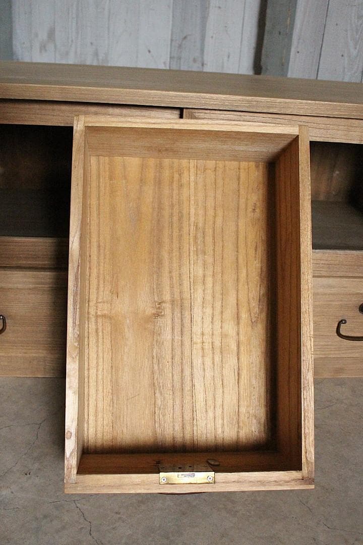 古いガラス戸棚×木製小引き出し3杯　ローチェスト　食器棚　古家具