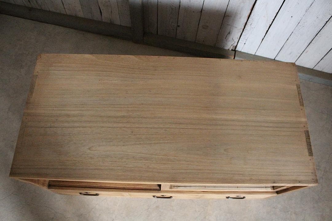 古いガラス戸棚×木製小引き出し3杯　ローチェスト　食器棚　古家具