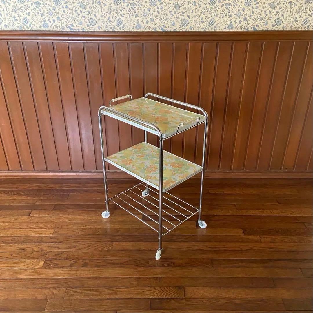 昭和レトロ　キッチンワゴン　花柄　3段　当時物　レトロポップ　トレー