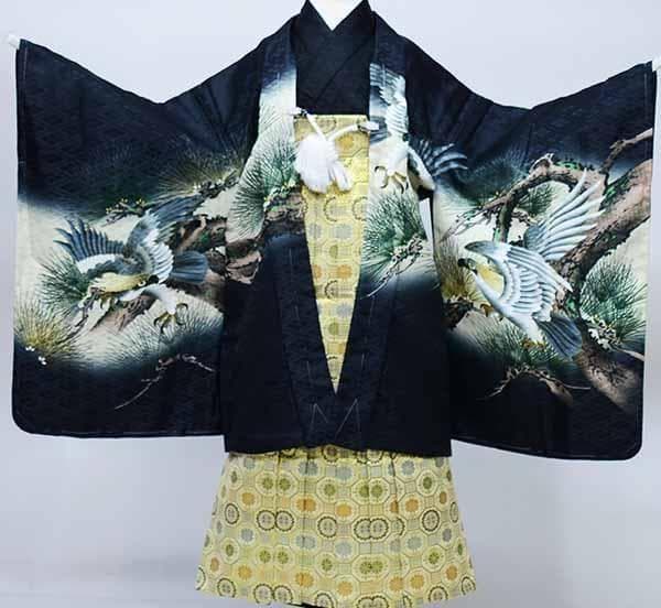 七五三 五歳 男児 羽織袴フルセット 金刺繍 黒地 鷹 袴変更可 NO37131