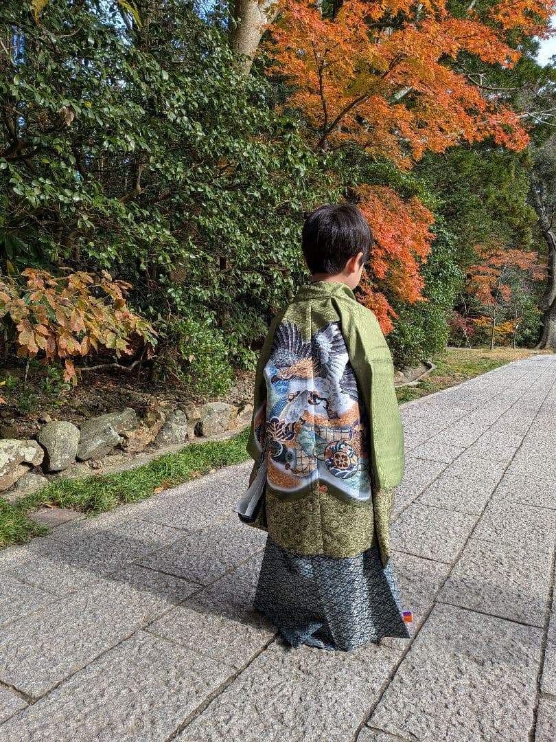 フルセット＊七五三着物 鷹の刺繍 緑色