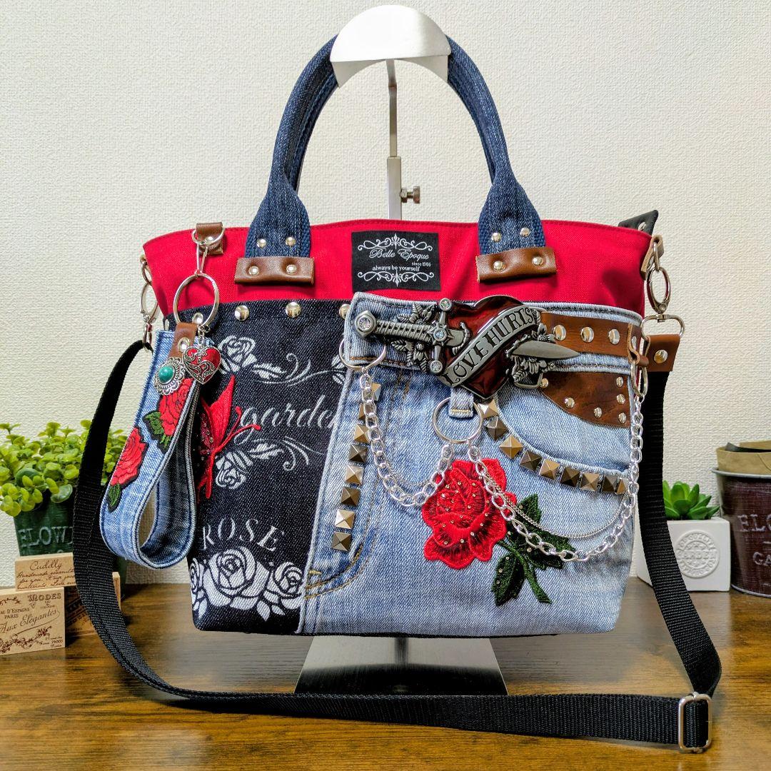 デニムリメイク 2wayトート｜薔薇×バタフライ刺繍・ポケットたくさん・底鋲付き