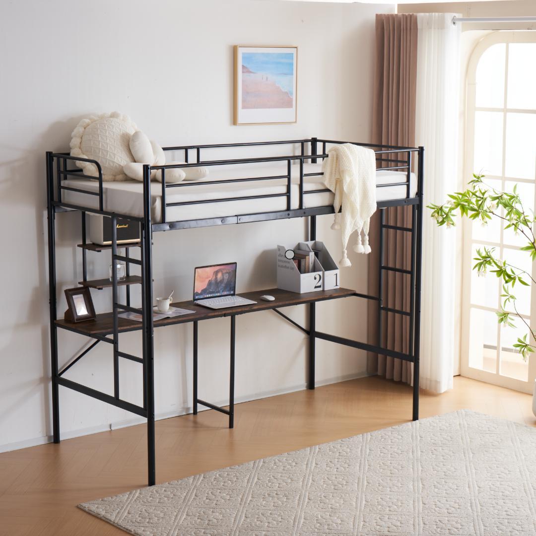 限定価格！新品ロフトベッド（S）デスク付き北欧風 大人ベッド 　BLACK
