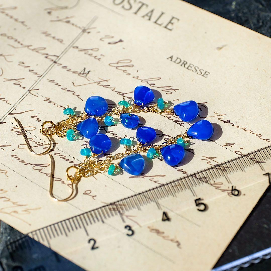 14kgfブルーカラーオパールマロンカットピアスイヤリング