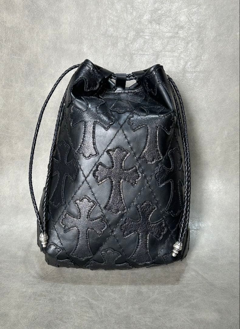 レザー巾着　総柄クロス