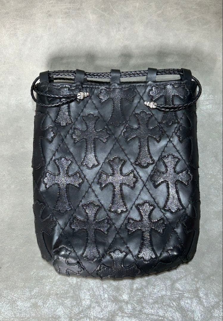 レザー巾着　総柄クロス