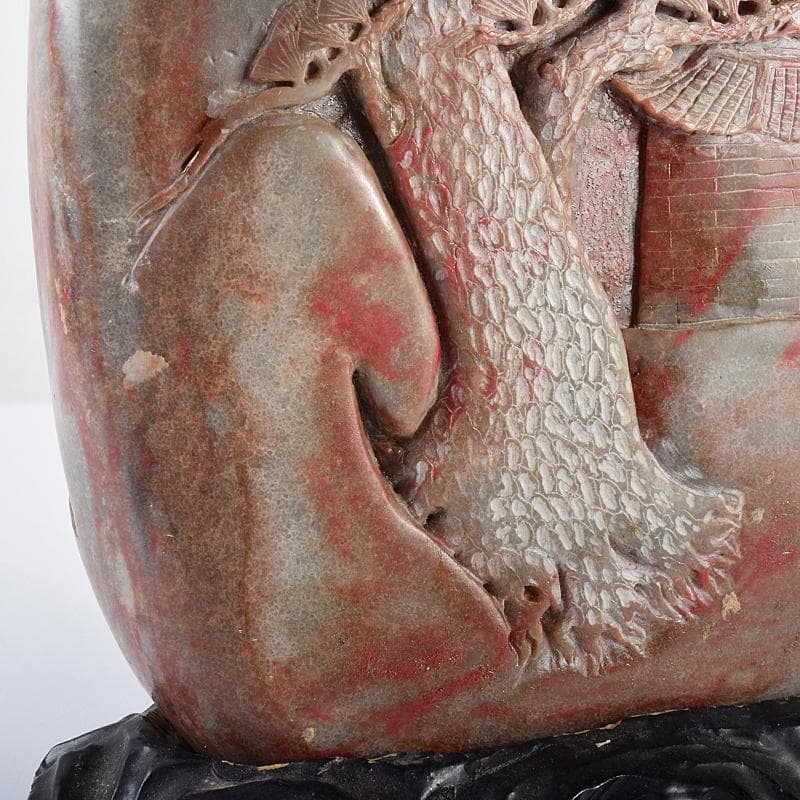 中国 玉石彫刻 鶏血石 山水人物刻 床飾 置物 唐木台付 F R7719B - メルカリ