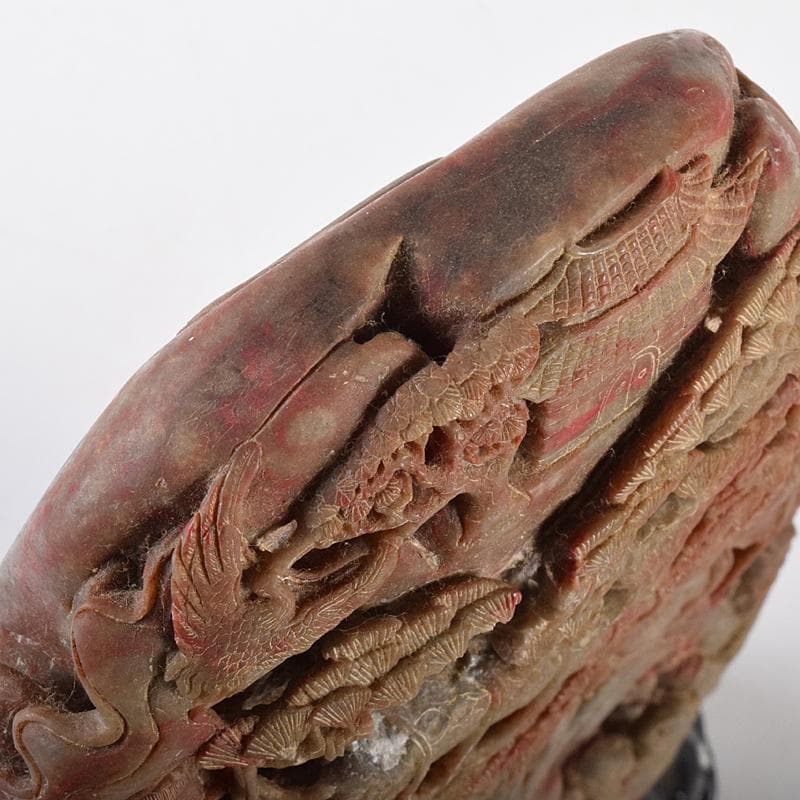 中国 玉石彫刻 鶏血石 山水人物刻 床飾 置物 唐木台付 F R7719B - メルカリ