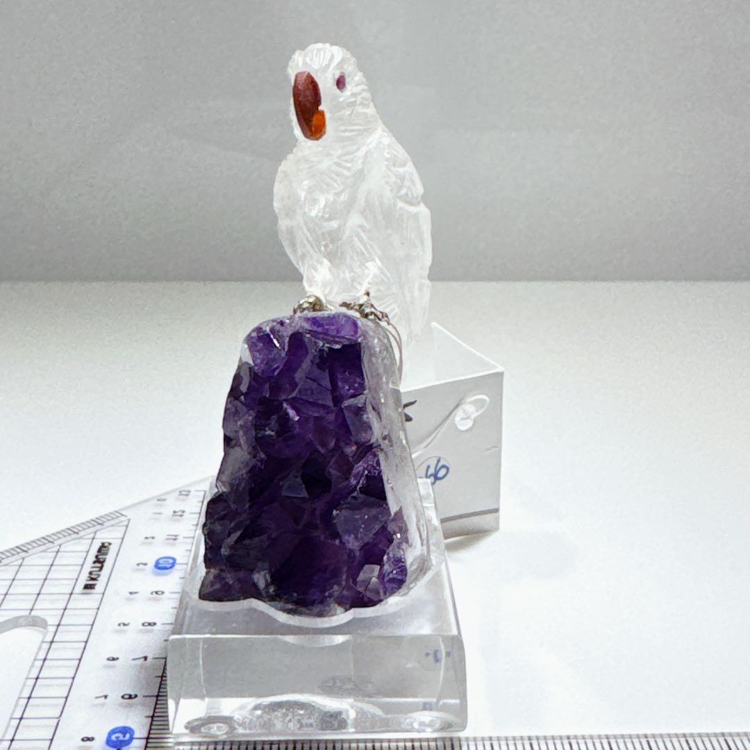 天然石彫刻鳥　アメジスト台座　　NO25-2363