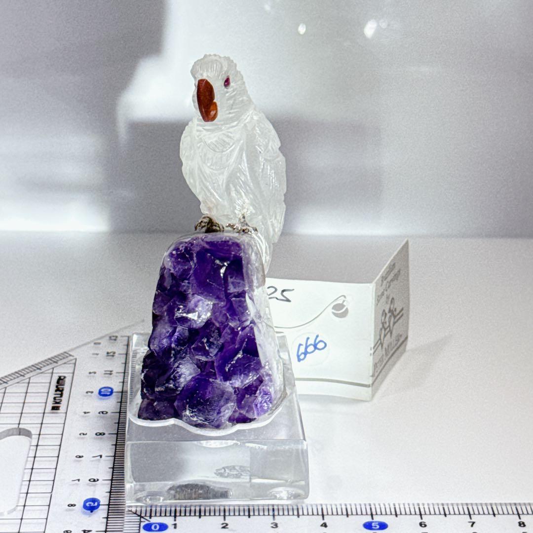 天然石彫刻鳥　アメジスト台座　　NO25-2363