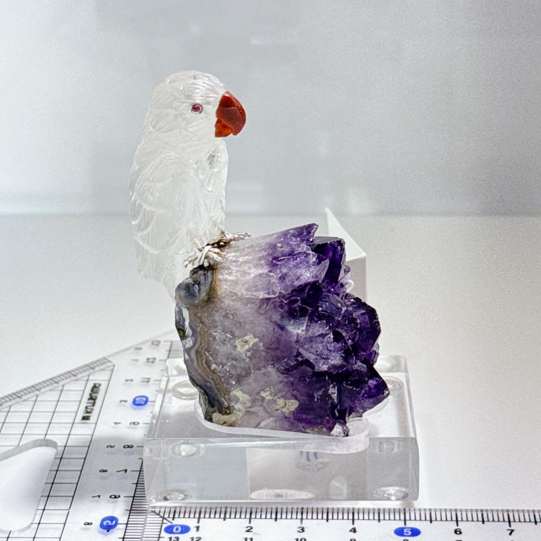 天然石彫刻鳥　アメジスト台座　　NO25-2363
