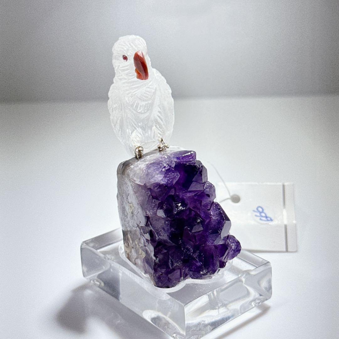 天然石彫刻鳥　アメジスト台座　　NO25-2363