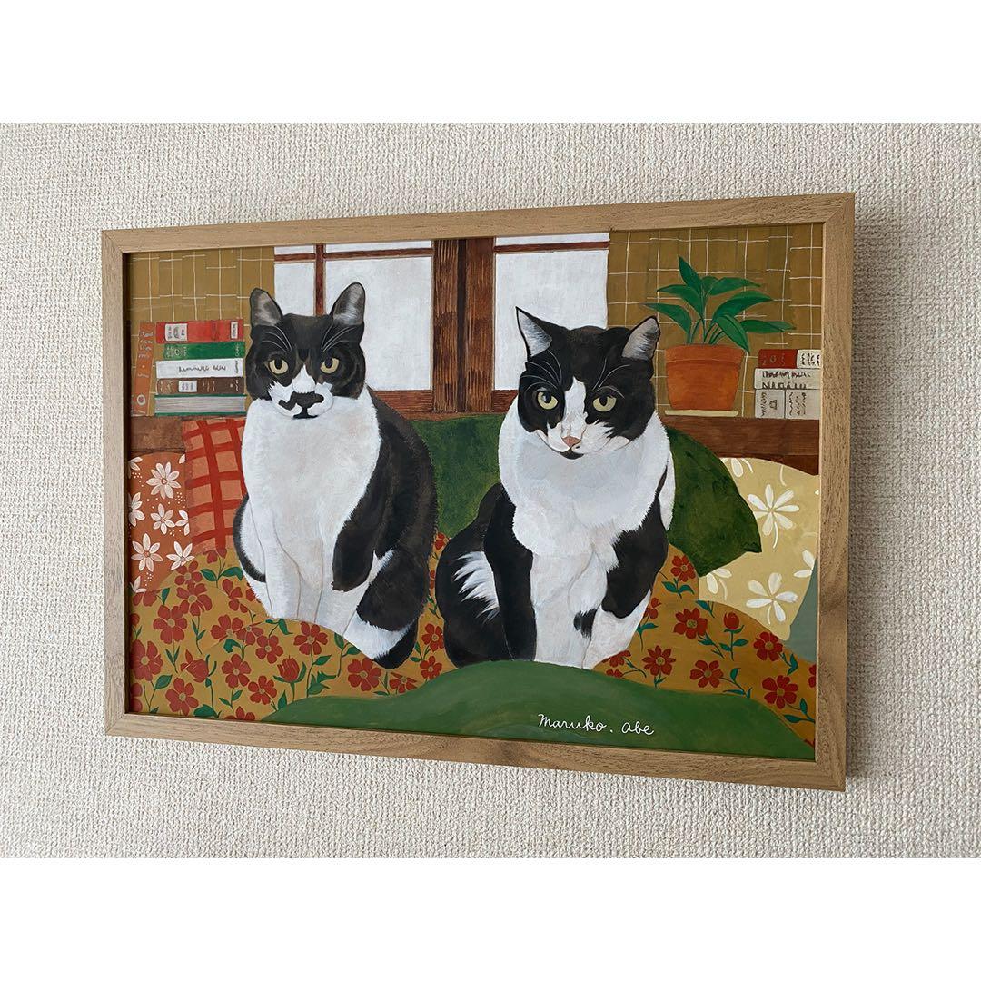 原画「寝床の二匹」《＋猫イラスト３枚無料プレゼント》