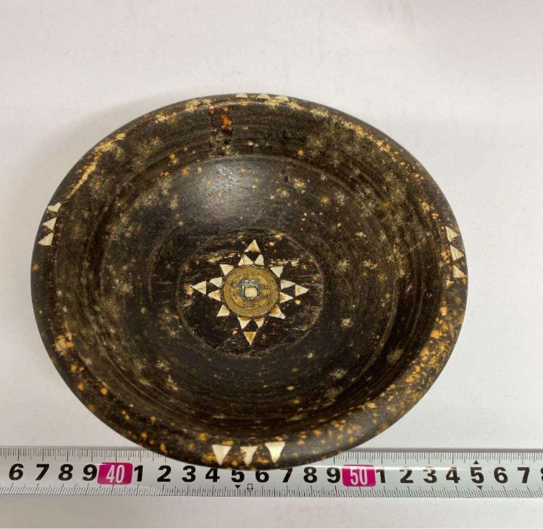 時代　木製螺鈿高台皿　14.3cm y629