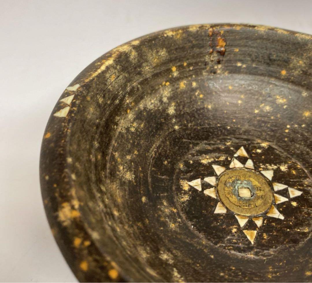 時代　木製螺鈿高台皿　14.3cm y629