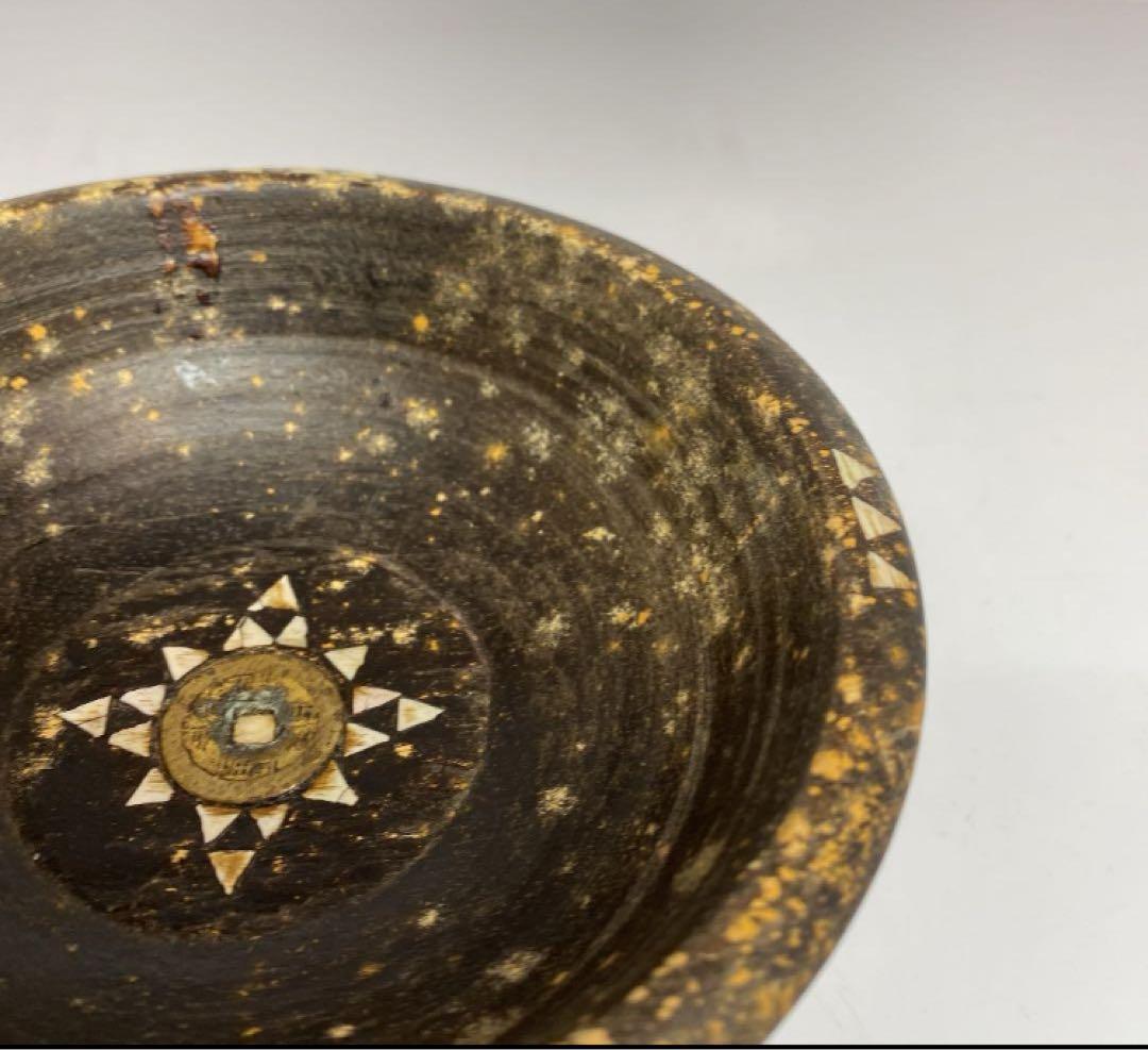 時代　木製螺鈿高台皿　14.3cm y629