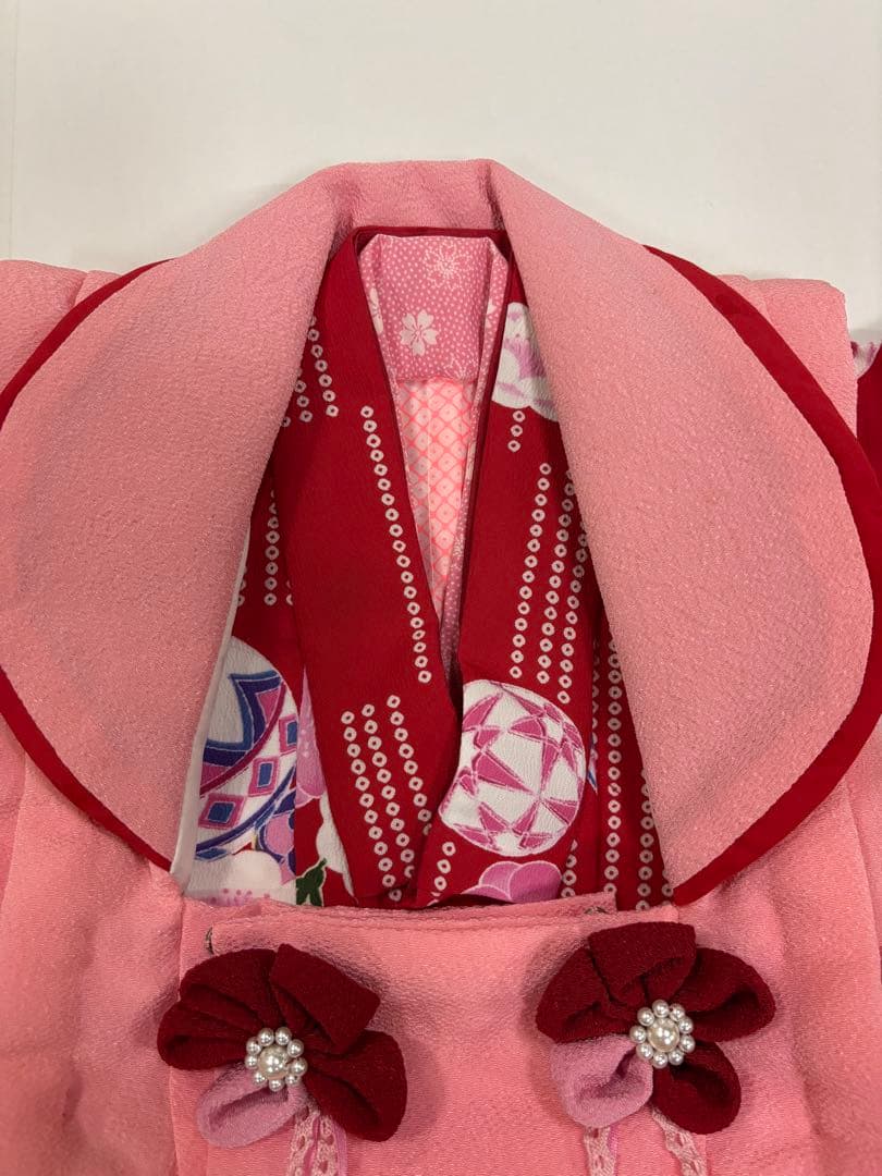 七五三　3歳女の子　着物・被布セット　赤とピンク　可愛い手鞠　桜　鹿子柄　新品