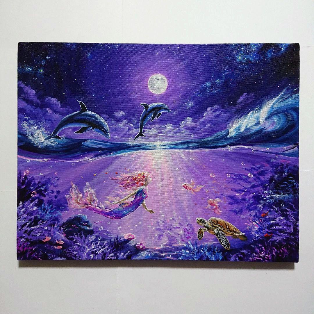 美しい満月の夜】アクリル画 F6 風景画 絵画 動物画 海の絵 - メルカリ