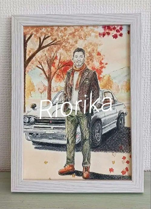 人物画+車　似顔絵　色鉛筆画　パンパステル画　オーダーメイド　プレゼント