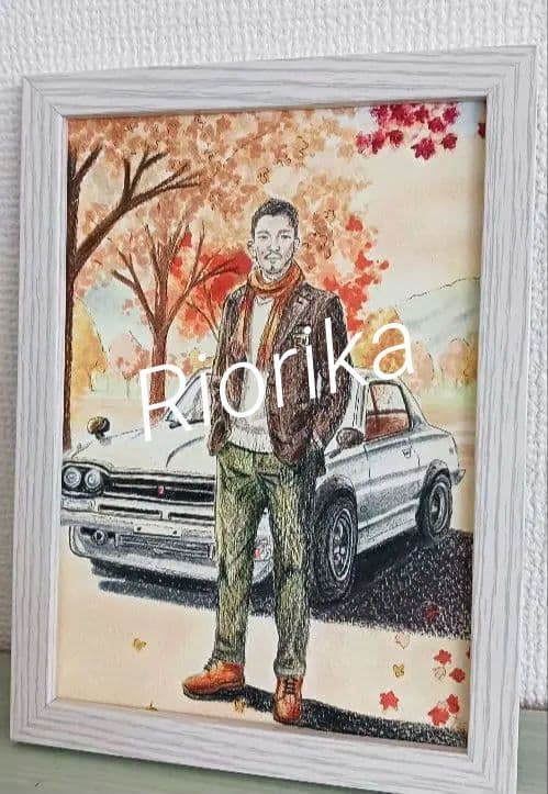 人物画+車　似顔絵　色鉛筆画　パンパステル画　オーダーメイド　プレゼント