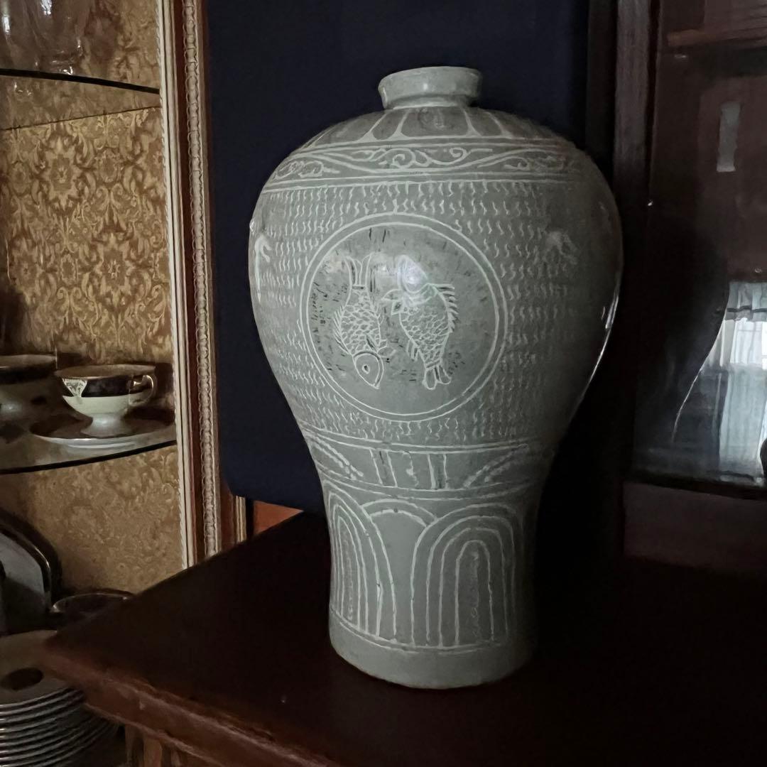 梅瓶 李朝 双魚 遊魚文 梅瓶 朝鮮 古美術 骨董 高麗 青磁 粉青沙器 魚