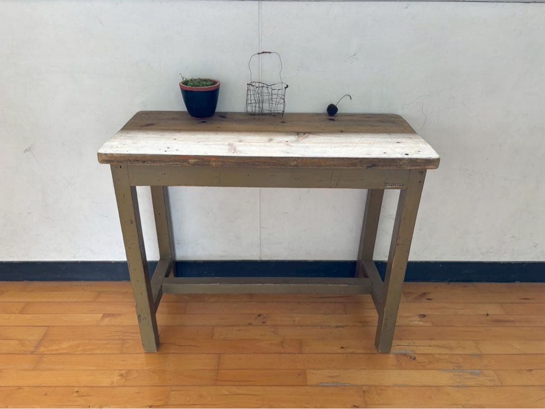 長机　ワークデスク　オリーブグリーン　アンティーク風にエージング加工