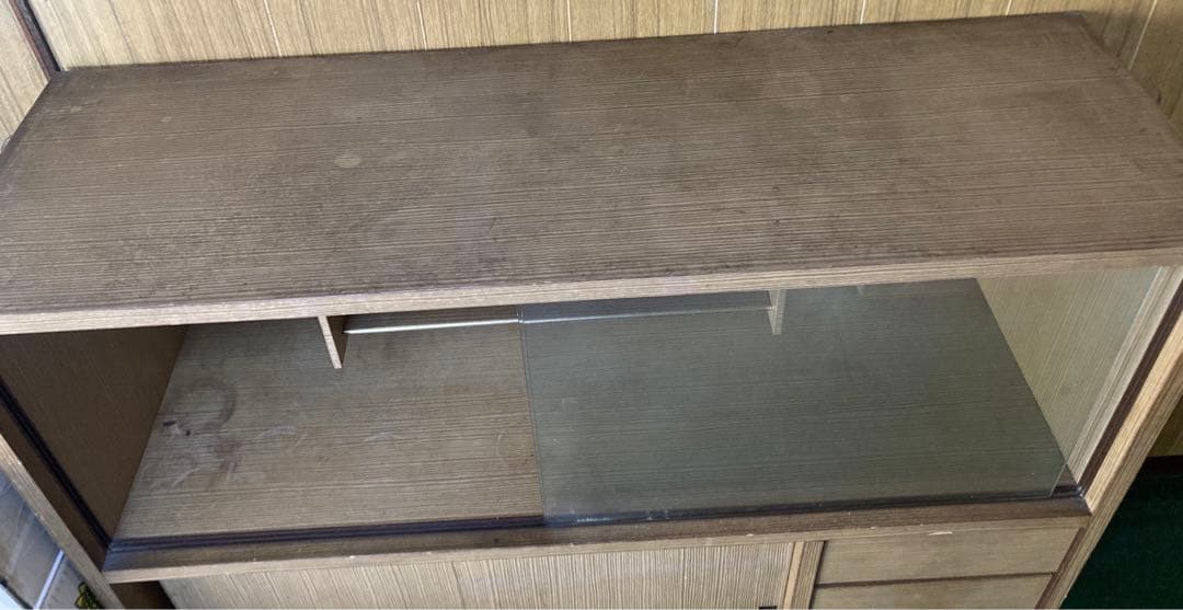 アンティーク　木製ガラスキャビネット スライドドア付き　昭和レトロ　茶箪笥