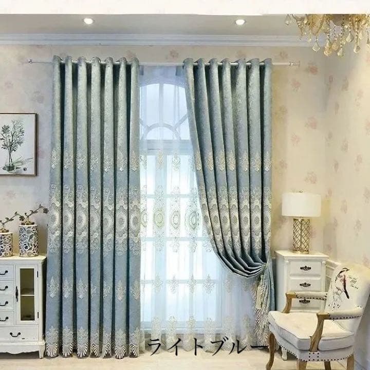 4)106番-刺繍入れ高級カーテン　ライトブルー