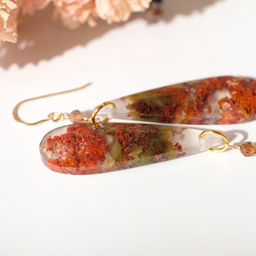 14kgfレッドモスアゲート・スモーキークォーツピアス/イヤリング