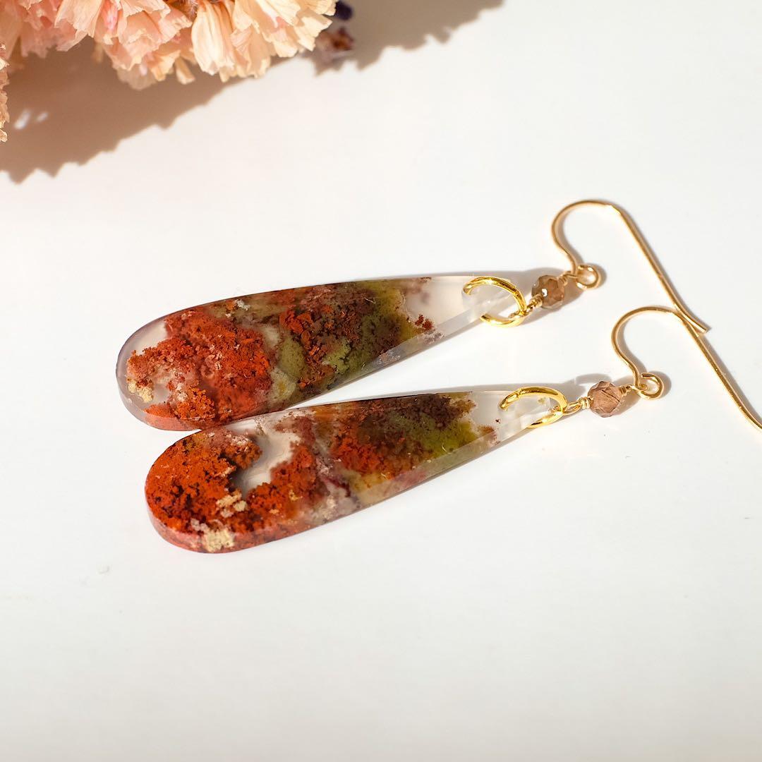 14kgfレッドモスアゲート・スモーキークォーツピアス/イヤリング