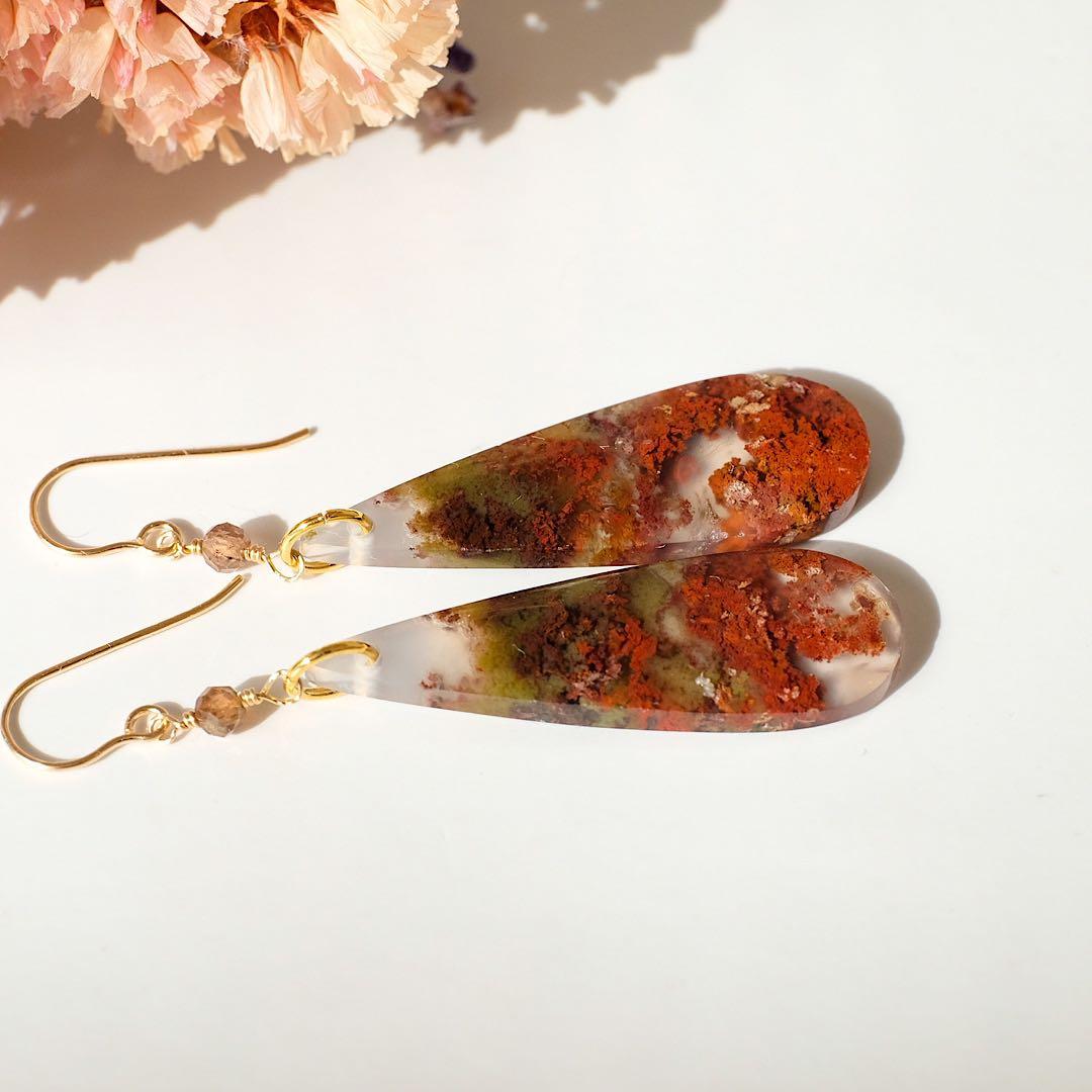 14kgfレッドモスアゲート・スモーキークォーツピアス/イヤリング