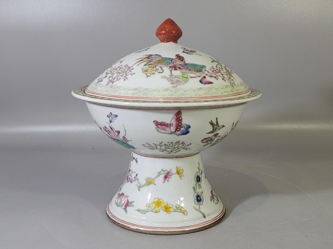 DT717 中国 色絵 蓋物 台付