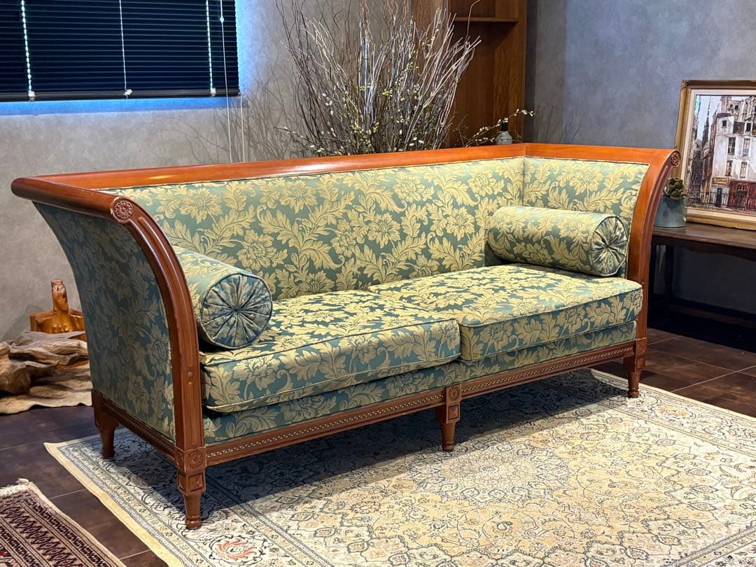 ②クラシック 3人掛けソファ 3Pソファ 花柄 グリーン ビンテージ nY